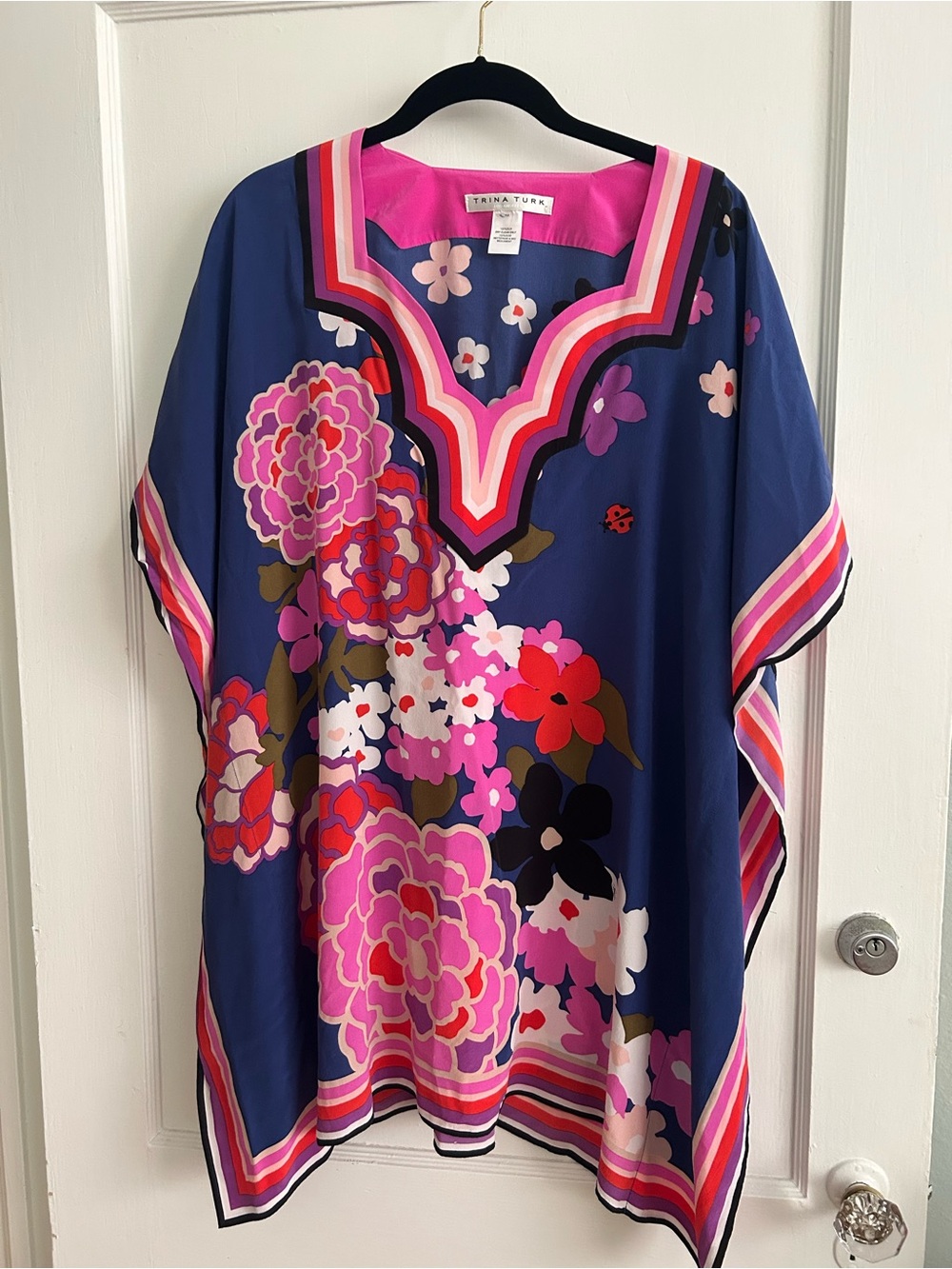 Trina Turk Blue Floral Kaftan Tunic with Pink & Red Accents